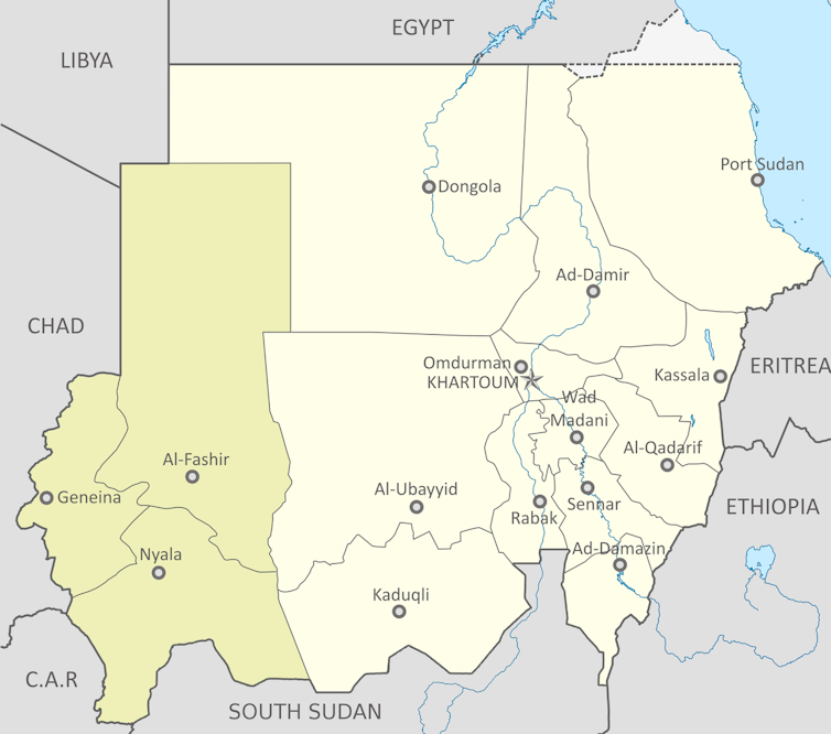 Mapa de Darfur en Sudán.