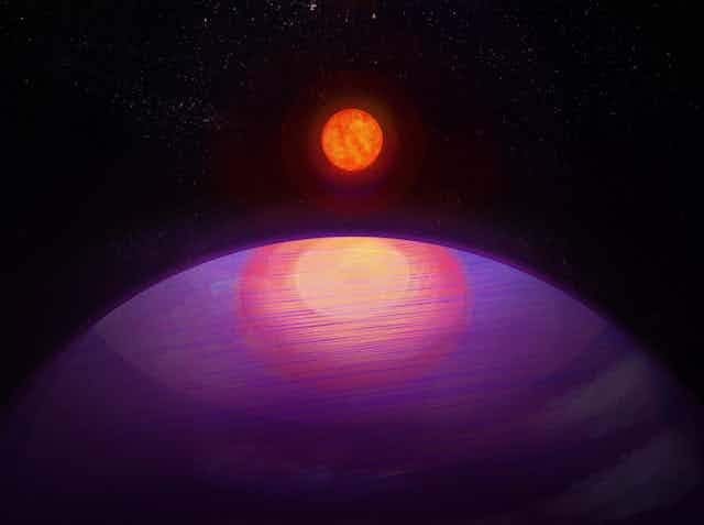 An illustration of a small orange sun, shown in the distance as a small circle, reflected upon a much larger purple circle in the foreground, representing a massive planet, all against a dark background. 