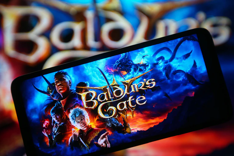 Smartphone screen depicting characters from a video game posing before an ominous landscape.