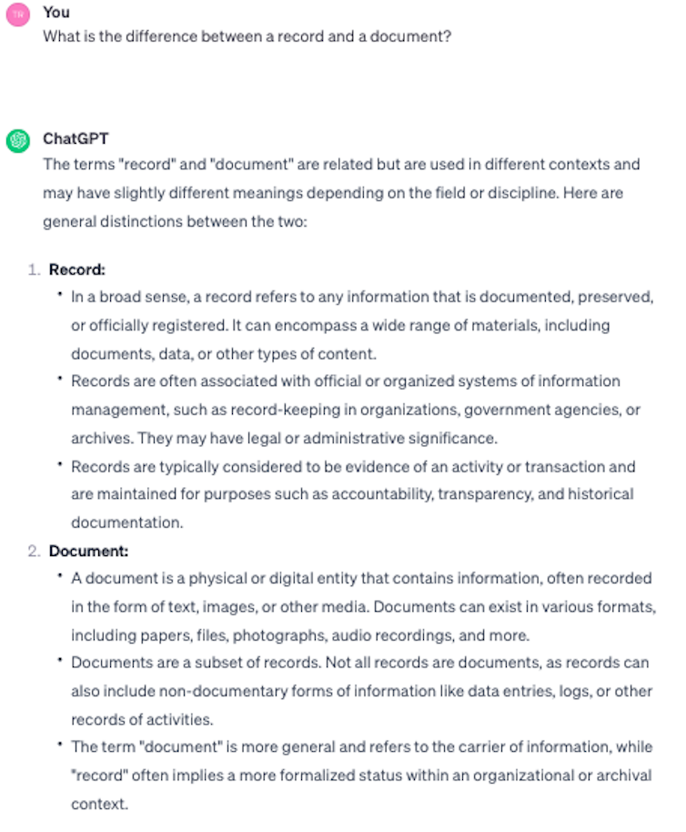 Text responses listed following the question 'What is the difference between a record and a document?'