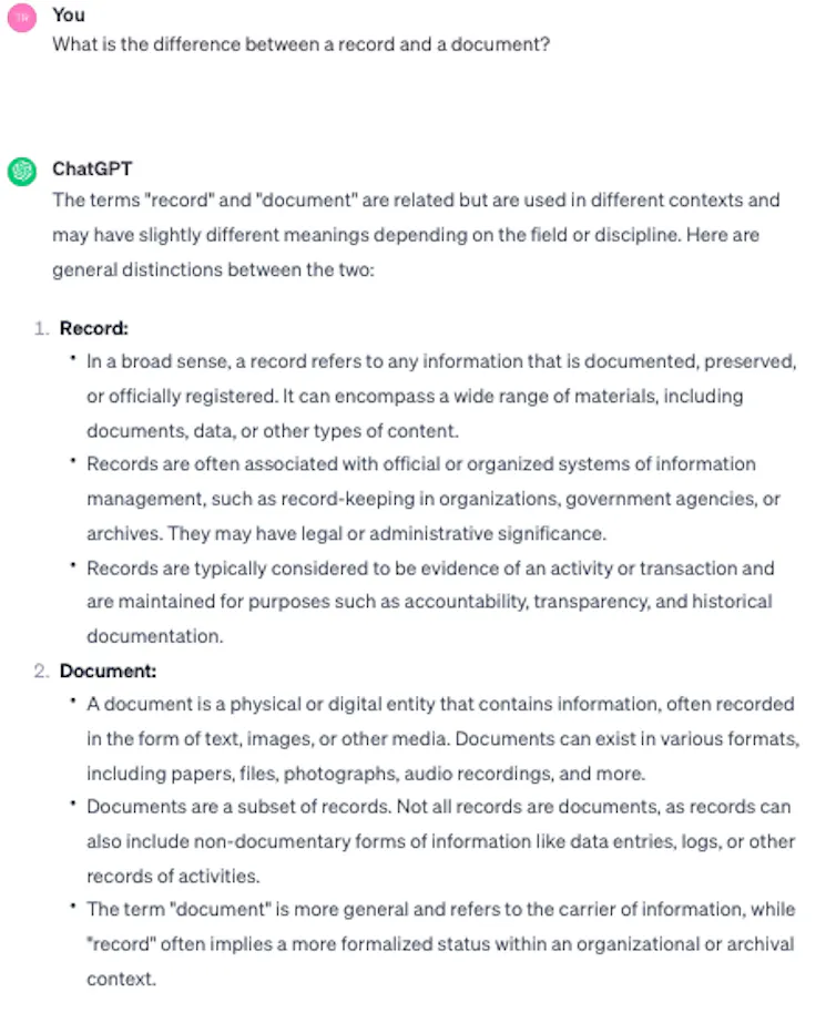 Text responses listed following the question 'What is the difference between a record and a document?'