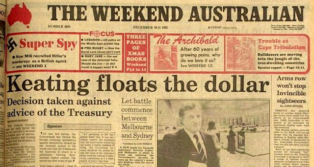A yellowed newspaper front page, with the main headline: 'Keating floats the dollar'.