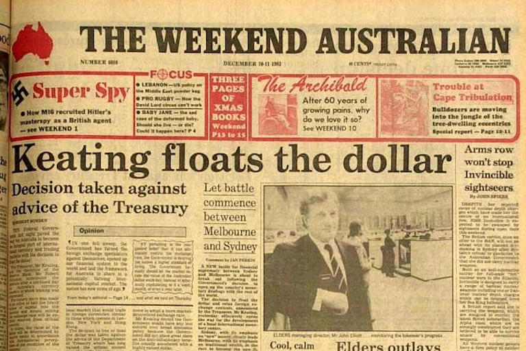 A yellowed newspaper front page, with the main headline: 'Keating floats the dollar'.