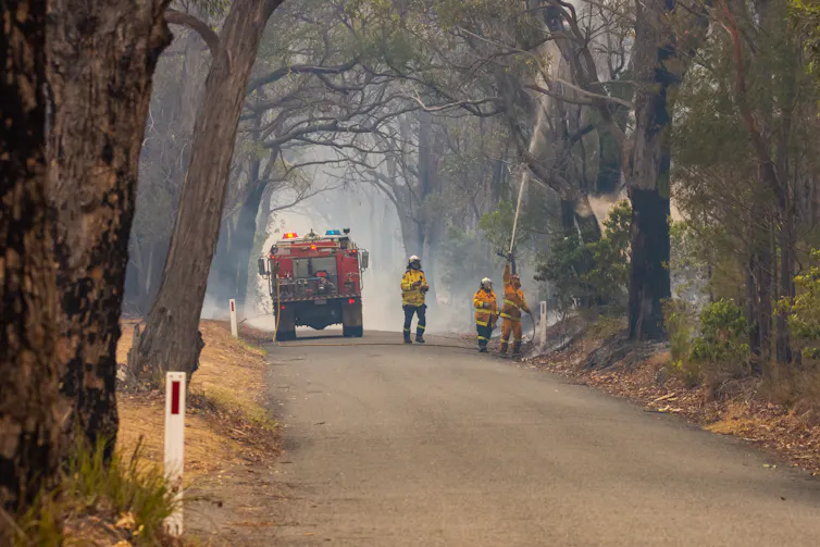 A fire truck and firefighters on a country road in New South Wales.