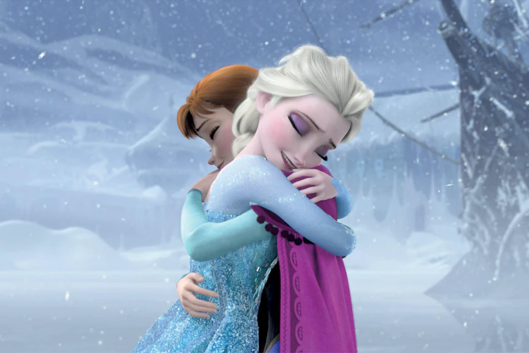 Two cartoon sisters one blonde, one red head, embracing against a snowy background.