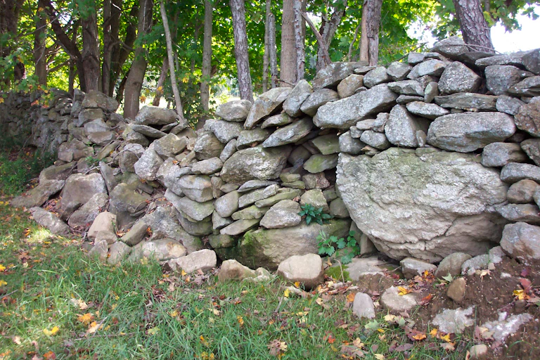 A massive, bending stone wall flanked by a line of trees