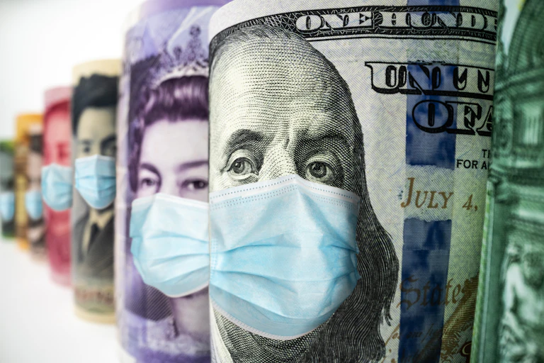 Line of banknotes of different currencies, figures on notes wearing facemasks.