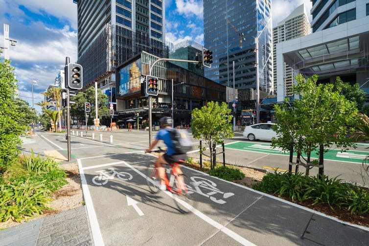 cyclist on cycle lane in central Auckland