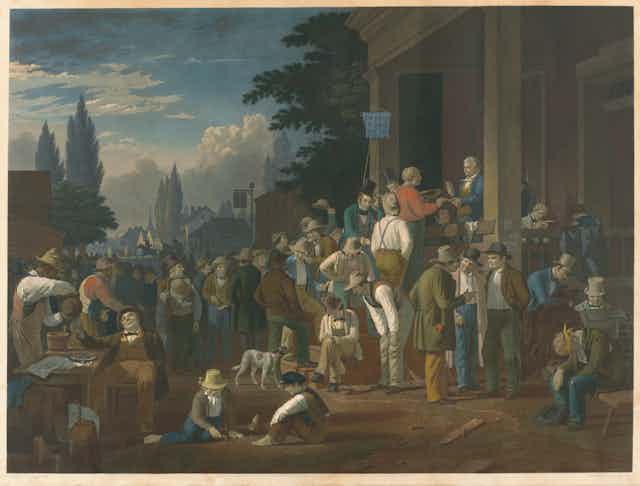 19th century men milling around a public building.