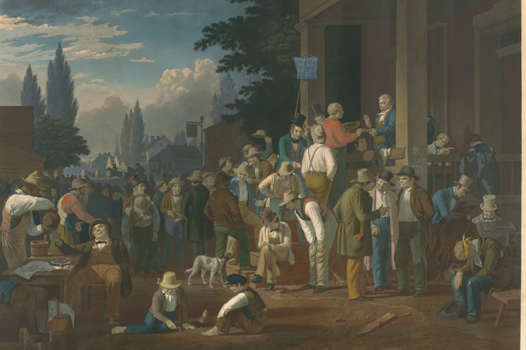 19th century men milling around a public building.