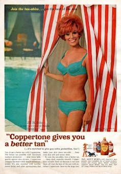 Coppertone advertisement showing tanned woman in bikini