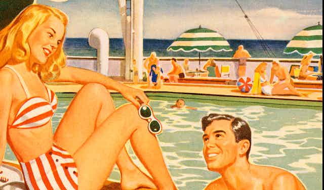 Woman and man flirting at the pool, 1950s style illustration