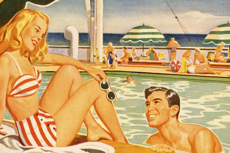 Woman and man flirting at the pool, 1950s style illustration
