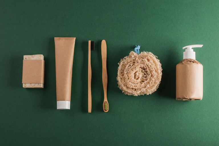 A green background with wooden toothbrushes and paper wrapped products
