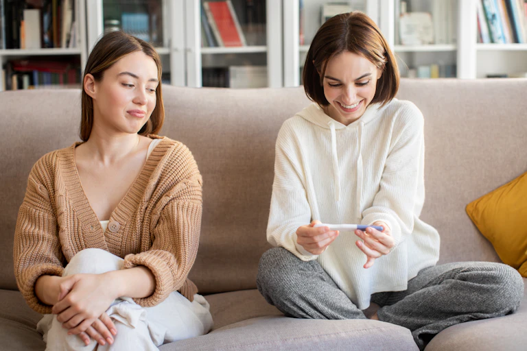 Two women sit on a sofa, one is smiling at a pregnancy test while the other looks disapprovingly at her