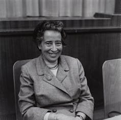 Black and white photo of Hannah Arendt.