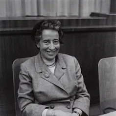 Black and white photo of Hannah Arendt.