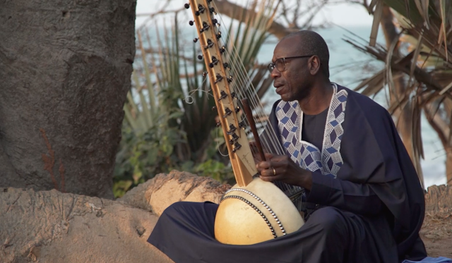 A man sits under palm trees in a flowing traditional west African robe playing a wooden stringed instrument with a bulbous bottom and long stem.