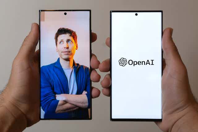 Two phones showing images of Sam Altman and OpenAI brand.