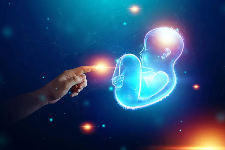 A person's finger pointing at a digital baby, to simulate artificial technology.