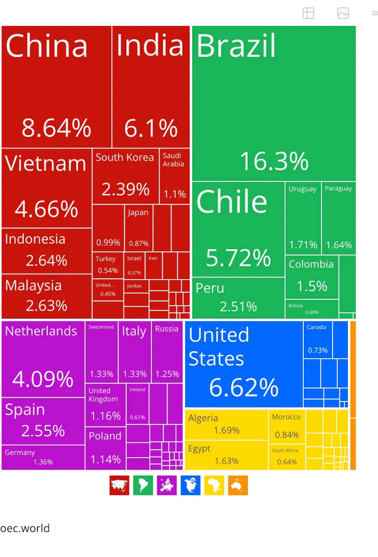 A graph of Argentina's main export partners, by country.