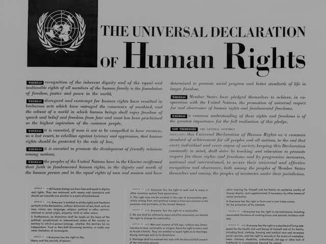 Close-up of text of the Universal Declaration of Human Rights with the United Nations logo on the upper left corner.