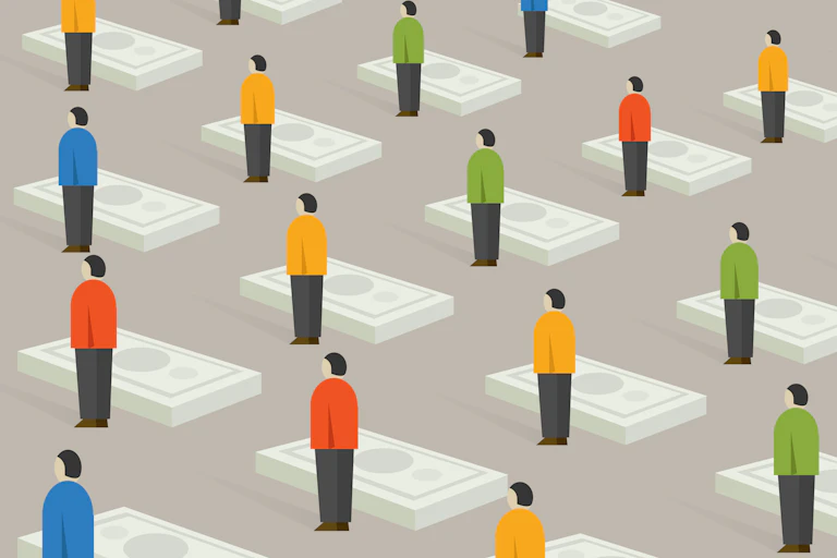 A graphic of people is differently coloured shirts standing next to cash