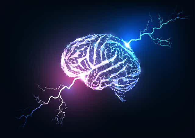 Illustration of a polygonal, glowing outline of a brain with filaments of lightning striking through it.