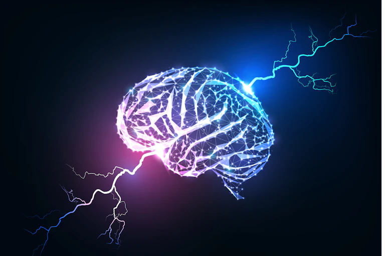 Illustration of a polygonal, glowing outline of a brain with filaments of lightning striking through it.