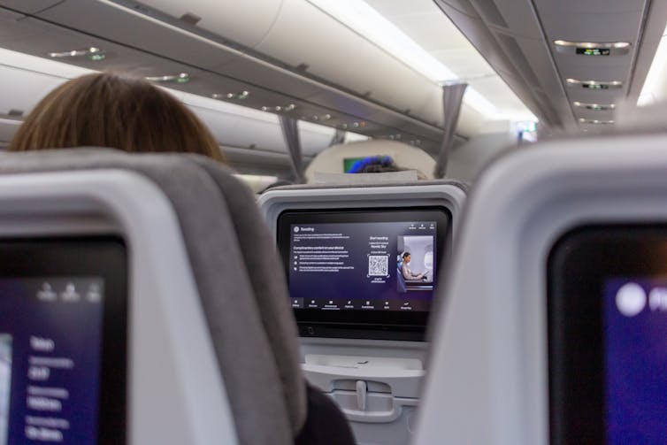 A person, seen from behind, looking at a screen mounted on the back of an airplane seat