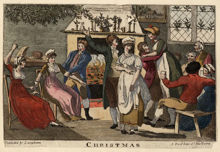A postcard-like image in muted colors of seemingly young men and women drinking at an indoor party.