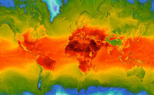 A world map showing a band of heat across the equator