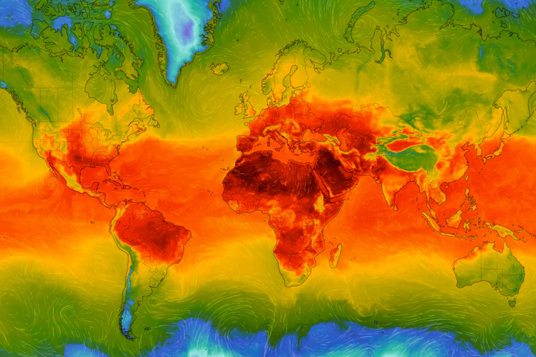 A world map showing a band of heat across the equator