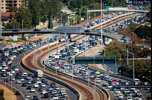 Traffic during rush hour on Mitchell Freeway, Perth, Australia on March 10, 2023. 