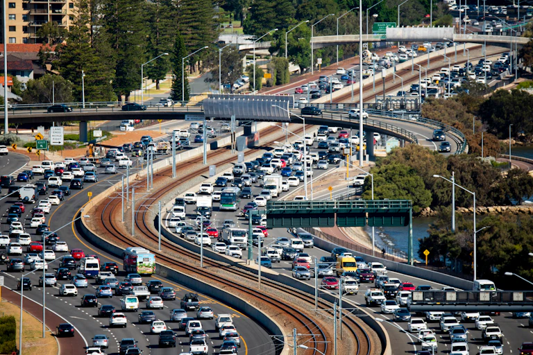 Traffic during rush hour on Mitchell Freeway, Perth, Australia on March 10, 2023.