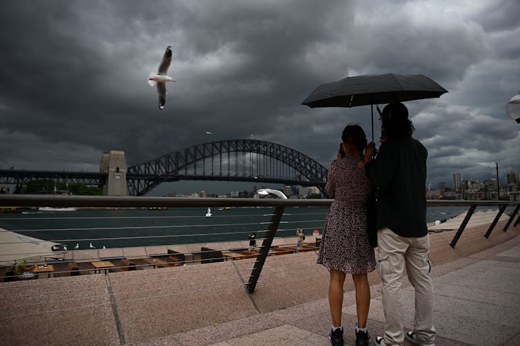 Two people standing under an umbrella in view of the Sydney Harbour Bridge
