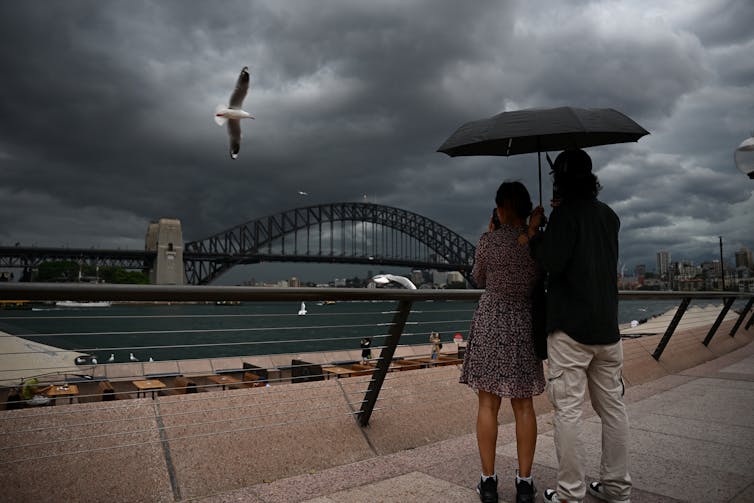 Two people standing under an umbrella in view of the Sydney Harbour Bridge