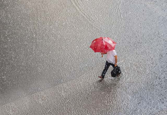 heavy rain, man walking