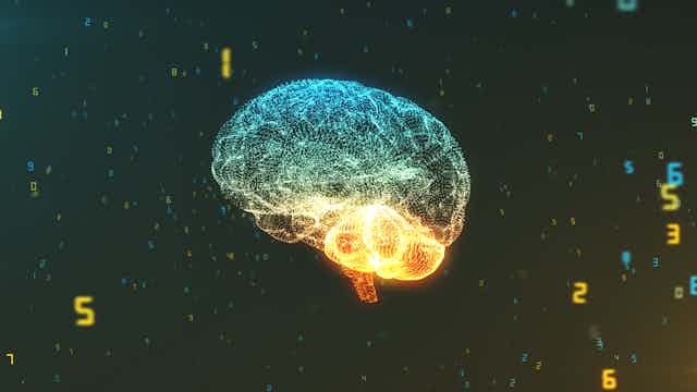 Visualisation of brain surrounded by glowing numbers