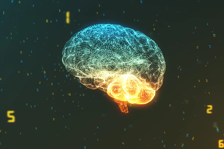 Visualisation of brain surrounded by glowing numbers