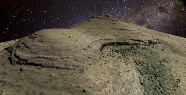 A 3D image of a hill jutting into the night sky. Its striations are brown and green