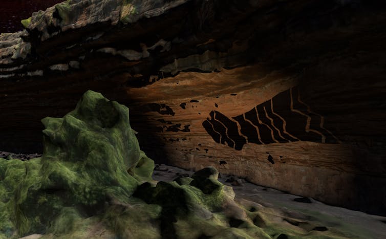 A 3D rendered image of the interior of a cave. The image of a large black snake appears on the cave wall
