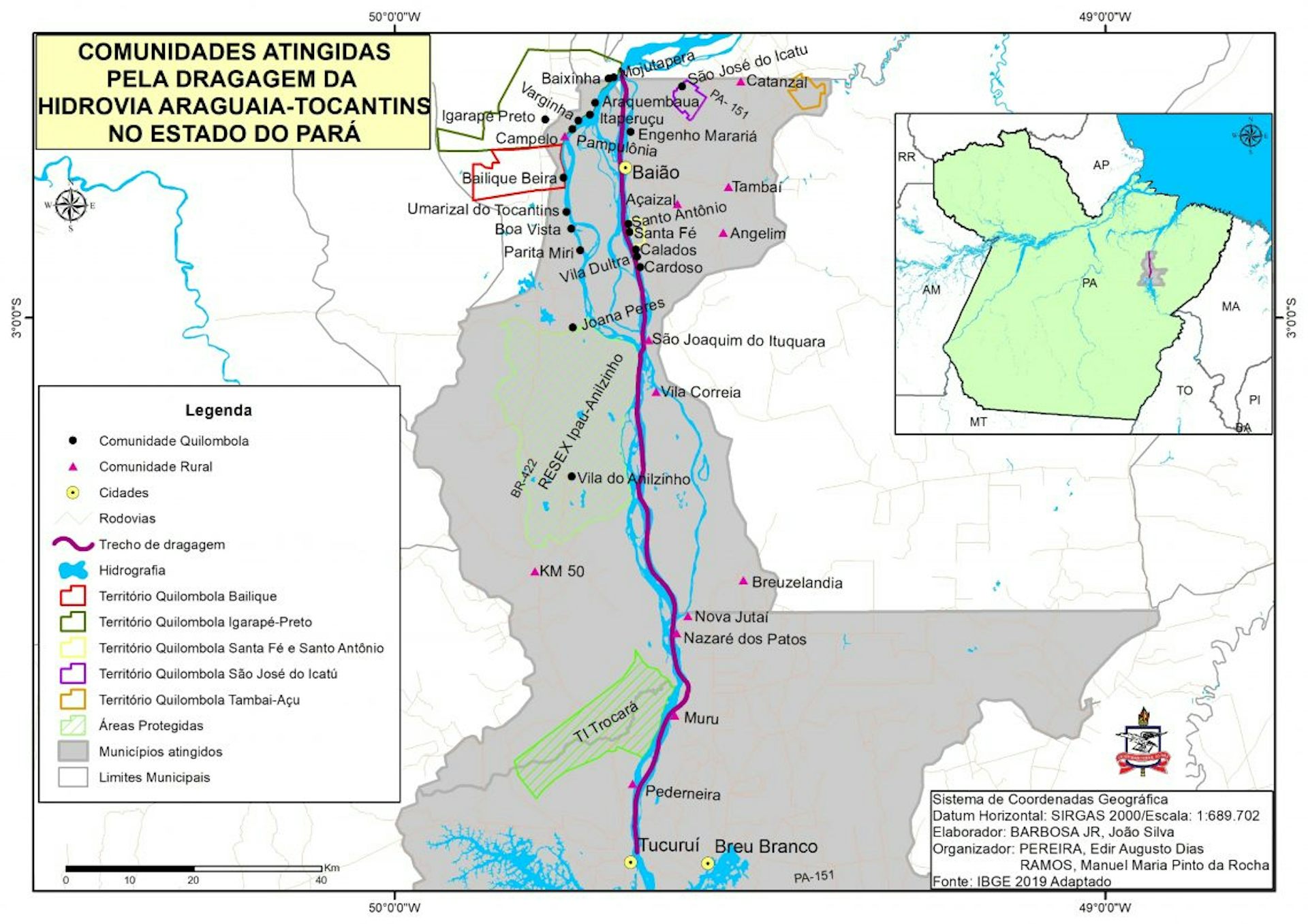 Mapa mostrando o traçado de um rio, com vários pontos que representam comunidades ribeirinhas