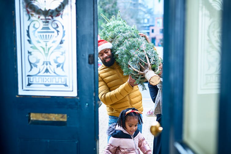 A man carries a live Christmas tree on his shoulder through a doorway. A little girl runs ahead of him.
