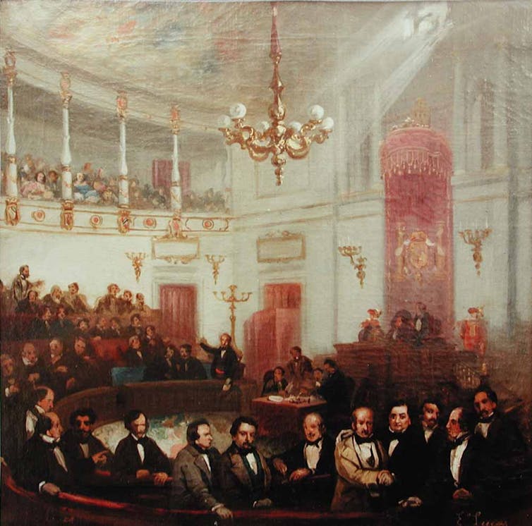 Cuadro que representa un acto parlamentario en el Salón de Sesiones del Congreso de los Diputados de España a mediados del siglo XIX.