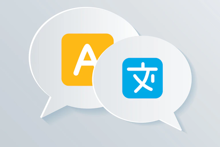Illustration of overlapping speech bubbles, one with a yellow square with an "A" in the center and one with a blue square with the Chinese character "文" in the center.