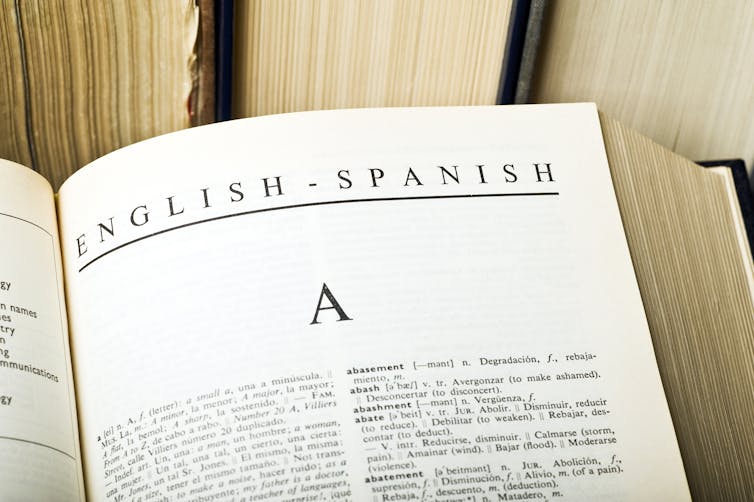 Close-up of the first page of the 'A' section of an English-Spanish dictionary