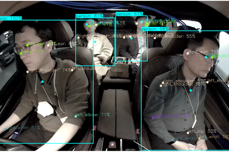 Photo of four people inside a car, with an overlay of lines, dots and text.