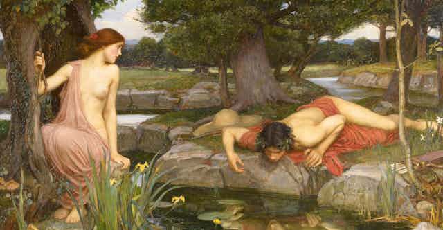 A painting of Narcissus looking a his face in a pool.