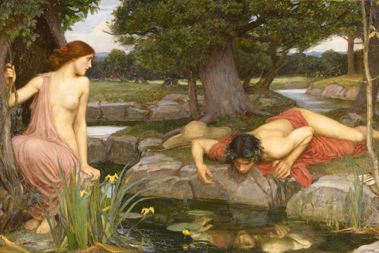 A painting of Narcissus looking a his face in a pool.